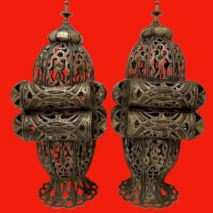 Twin Moroccan-Arab Brass Abjoura Lamps (20th Century)