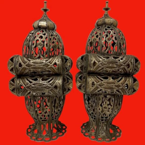 Twin Moroccan-Arab Brass Abjoura Lamps (20th Century)