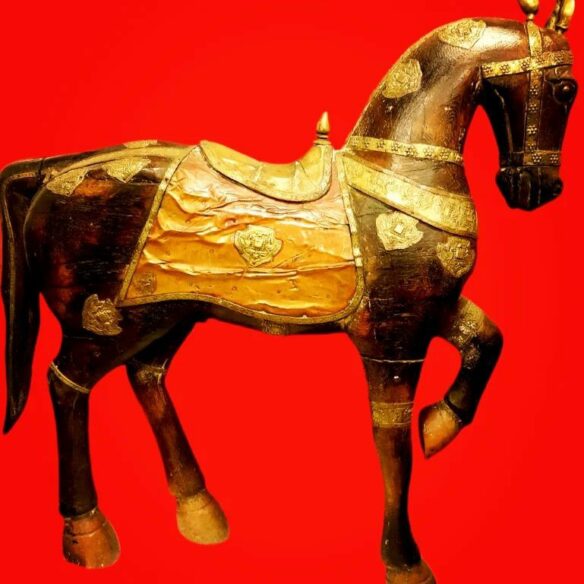 A Rare Wooden Horse Statue Decorated in a Royal Style With Copper Foils