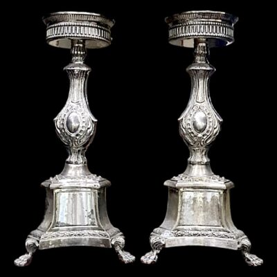 Silver Coloured Metal Candlestick with Three Sided Base